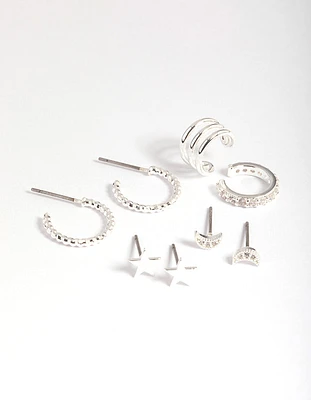 Silver Plated Star & Moon Stud Earring 8-Pack
