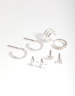 Silver Plated Brass  Star & Moon Stud Earring 8-Pack