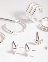 Silver Plated Star & Moon Stud Earring 8-Pack