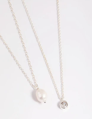 Silver Plated Freshwater Pearl & Cubic Zirconia 'Mini Me' Necklace Set