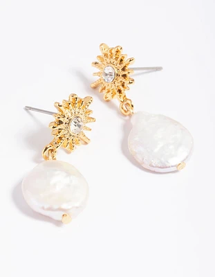 Gold Plated Freshwater Pearl Celestial Drop Earrings