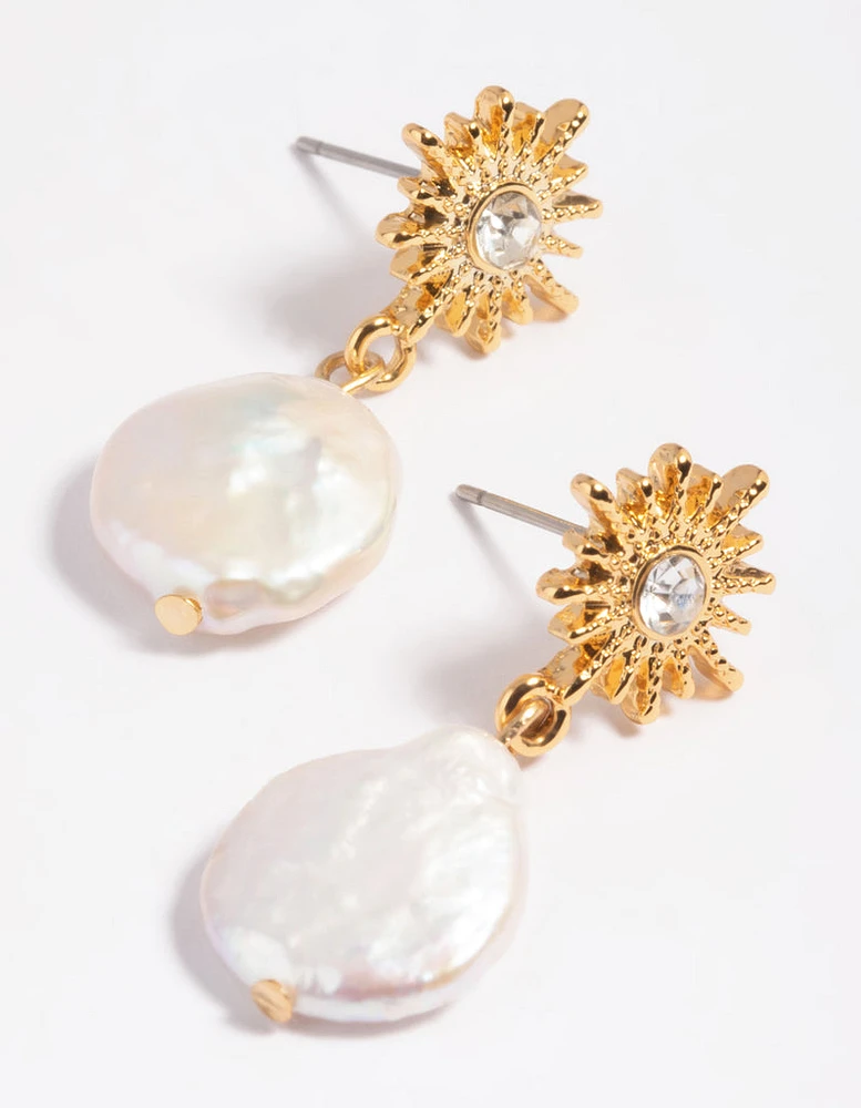 Gold Plated Freshwater Pearl Celestial Drop Earrings