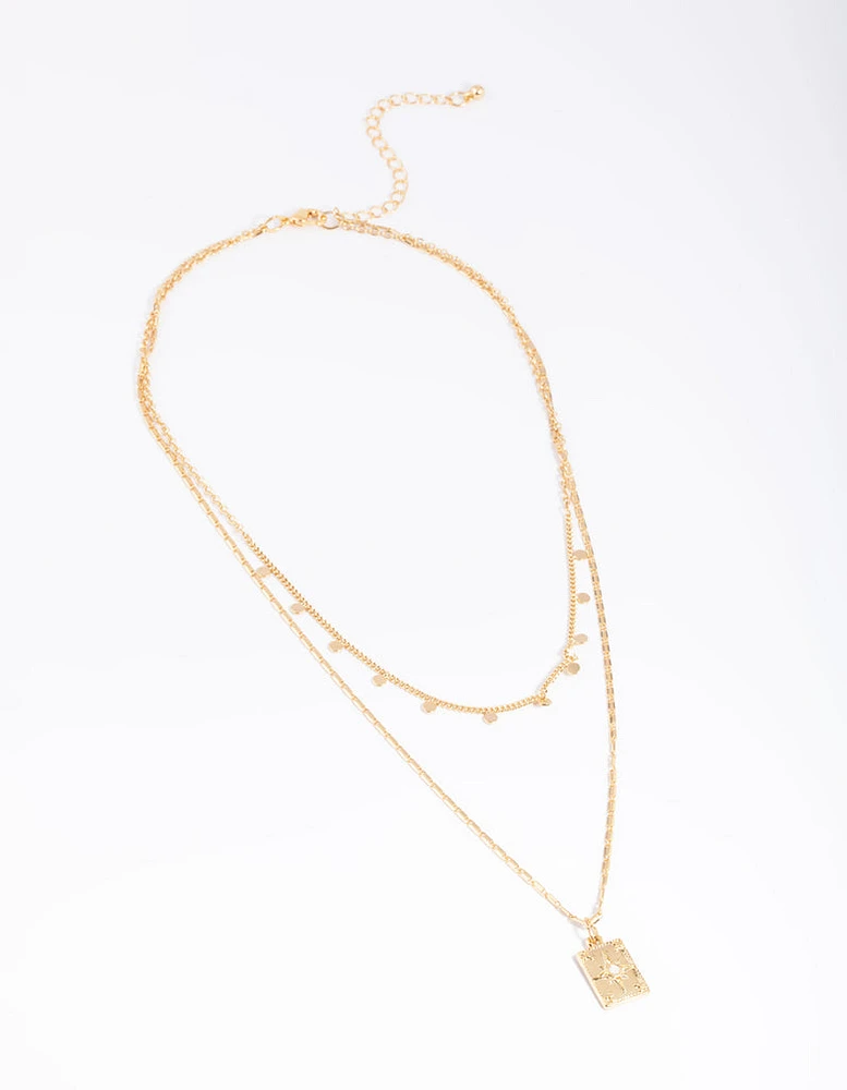 Gold Plated Disc Pendant Layered Necklace