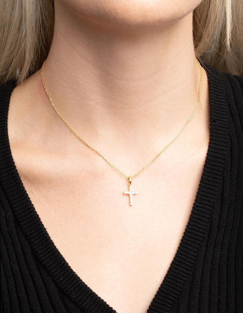 Gold Plated Cubic Zirconia Cross Necklace