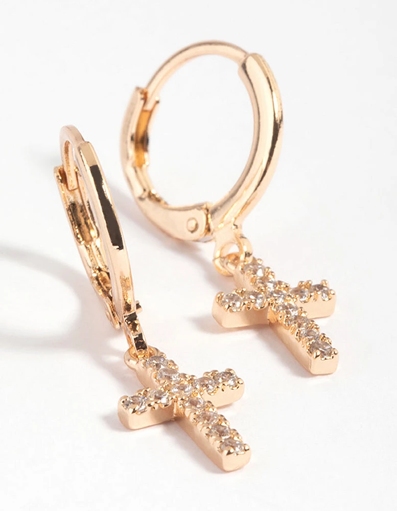 Gold Cubic Zirconia Cross Huggie Hoop Earrings