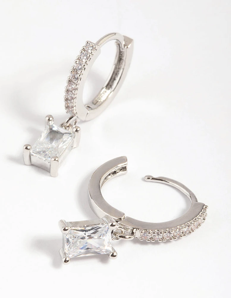 Rhodium Rectangular Cubic Zirconia Huggie Hoop Earrings