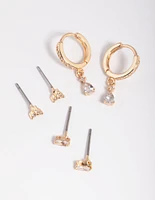 Gold Cubic Zirconia Dainty Stud & Huggie Earring Stack Pack