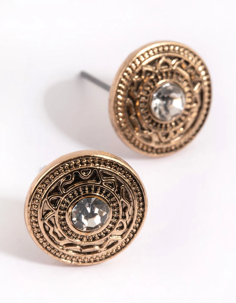 Antique Gold Diamante Stud Earrings