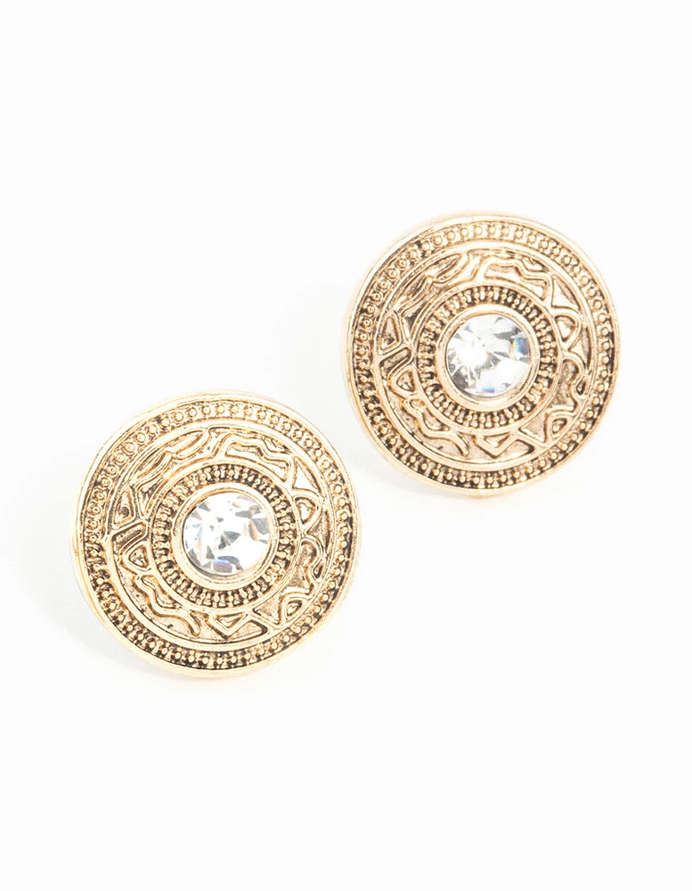 Antique Gold Diamante Stud Earrings