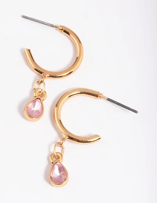 Gold Pink Stone Huggie Hoop Earrings