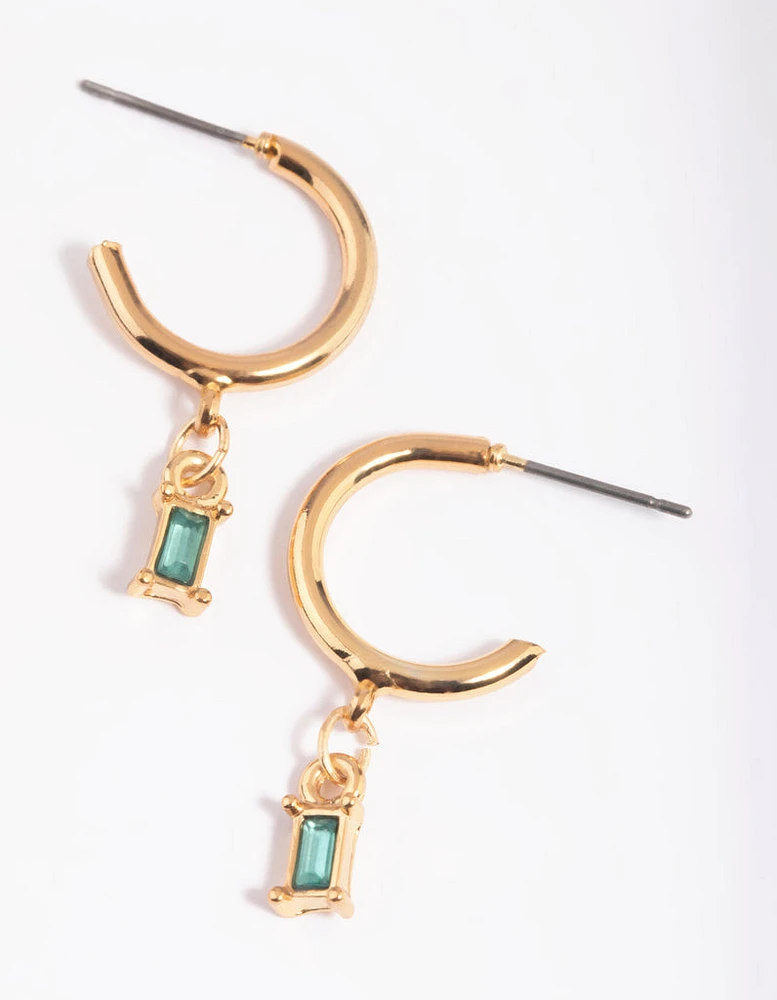 Green Baguette Stone Huggie Hoop Earrings