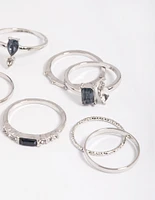 Rhodium Blue Stone Mixed Ring Stack Pack