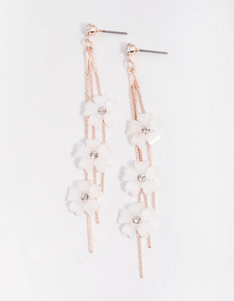 Rose Gold White Flower Drop Earrings