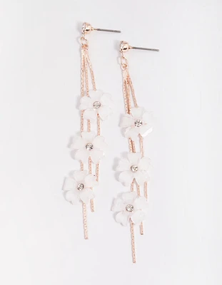 Rose Gold White Flower Drop Earrings