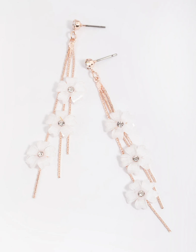 Rose Gold White Flower Drop Earrings