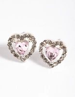 Pink Diamante Heart Stud Earrings