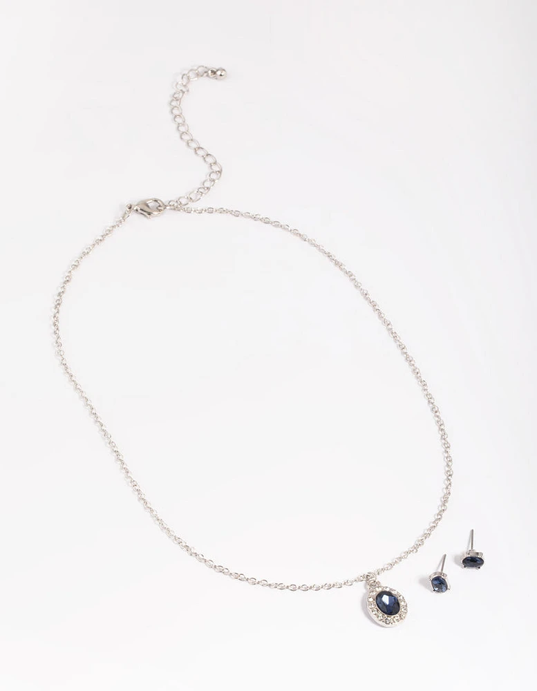 Silver Oval Diamante Necklace & Earrings Set