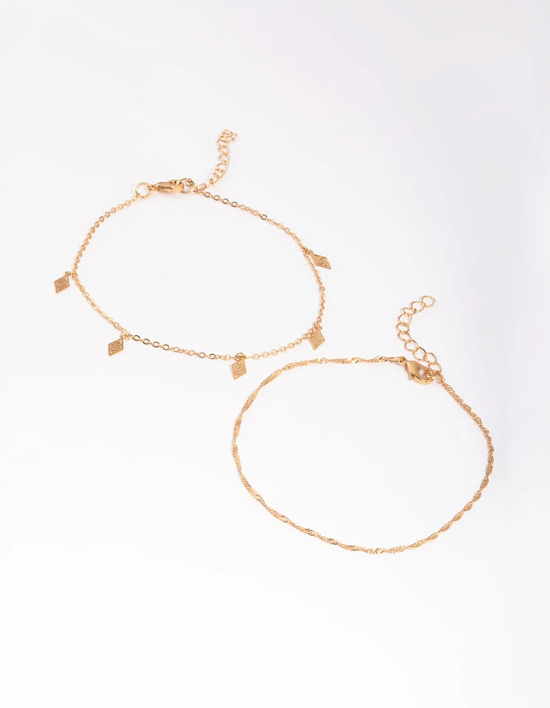 Gold Twist Diamante Anklet Set