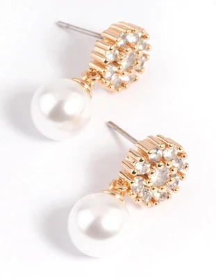 Gold Cubic Zirconia Flower & Pearl Drop Earrings