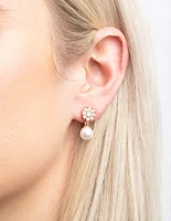 Gold Cubic Zirconia Flower & Pearl Drop Earrings