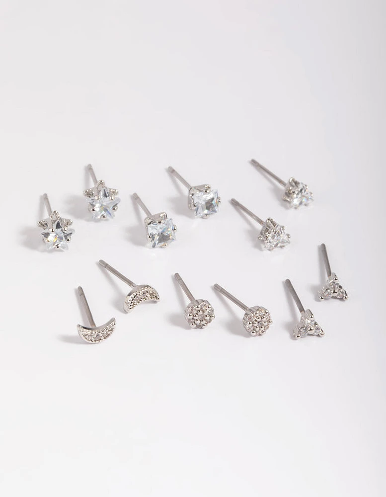 Rhodium Cubic Zirconia Pave Stud Earring 6-Pack