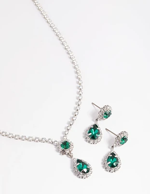 Rhodium Pear Pendant Necklace & Earrings Set