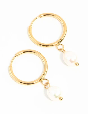 Waterproof Gold Plated Stainless Steel Freshwater Pearl Thin Huggie Hoop Earrings