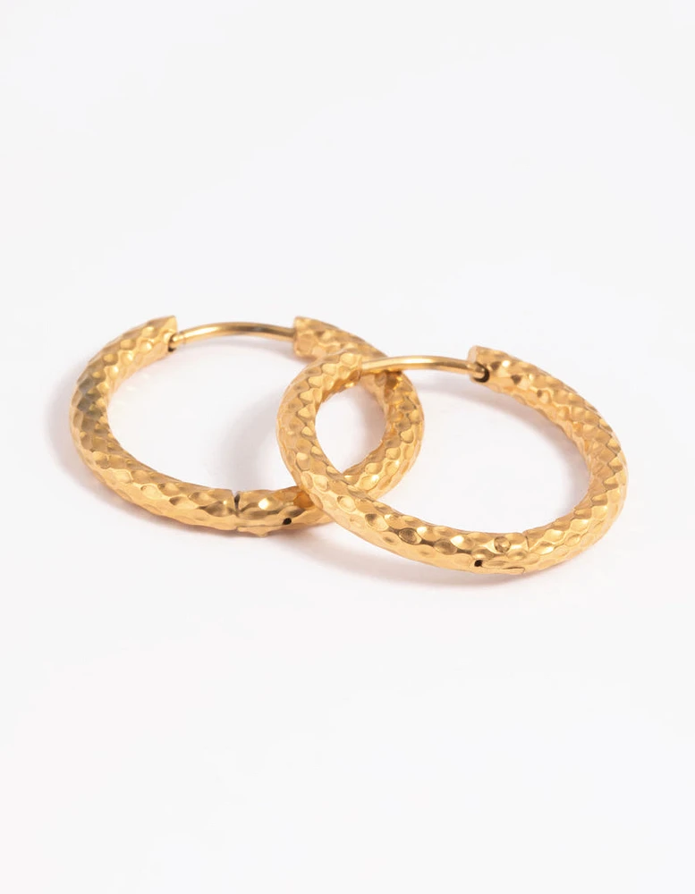 Gold Plated Stainless Steel Textured Huggie Hoop Earrings