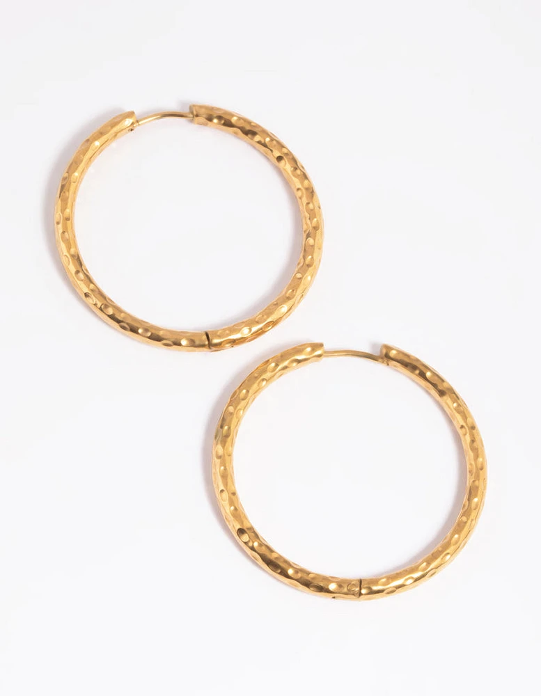 Gold Plated Stainless Steel Textured Large Huggie Hoop Earrings