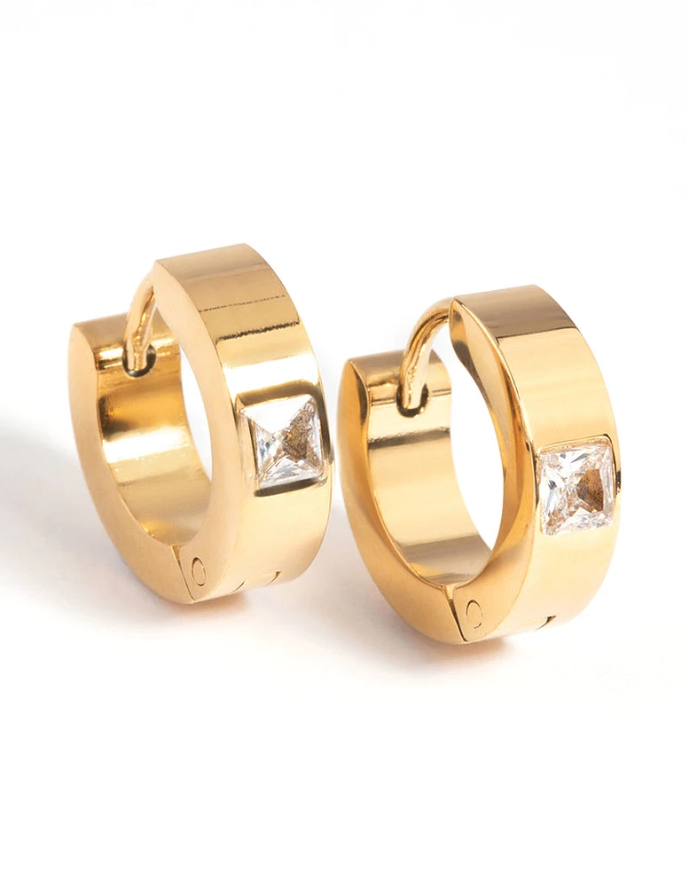 Waterproof Gold Plated Stainless Steel Cubic Zirconia Huggie Hoop Earrings