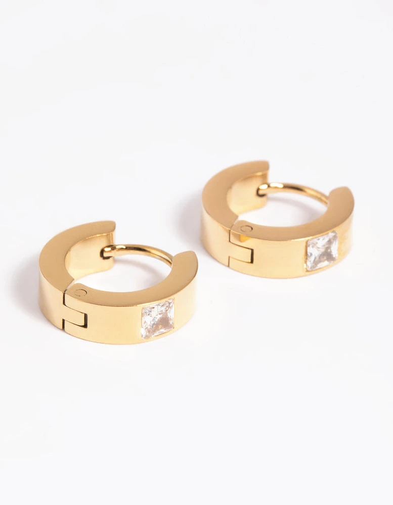 Waterproof Gold Plated Stainless Steel Cubic Zirconia Huggie Hoop Earrings