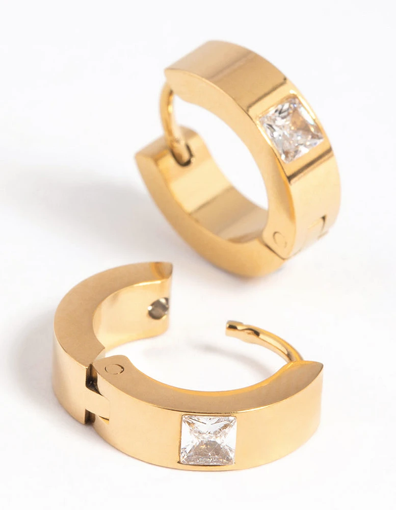 Waterproof Gold Plated Stainless Steel Cubic Zirconia Huggie Hoop Earrings