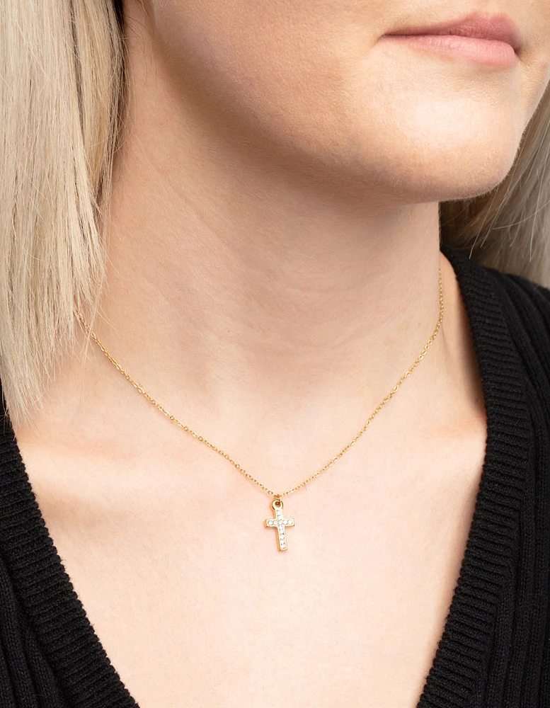 Gold Plated Stainless Steel Cubic Zirconia Cross Necklace