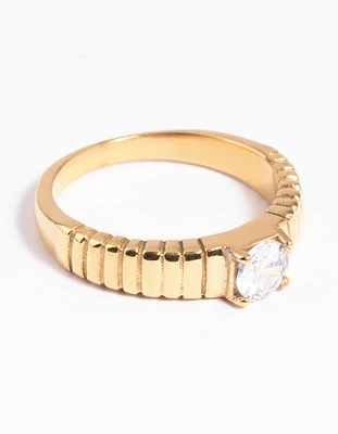 Waterproof Gold Plated Stainless Steel Line Detail Cubic Zirconia Ring