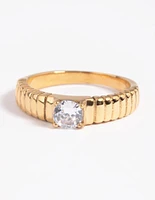 Waterproof Gold Plated Stainless Steel Line Detail Cubic Zirconia Ring