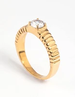 Waterproof Gold Plated Stainless Steel Line Detail Cubic Zirconia Ring