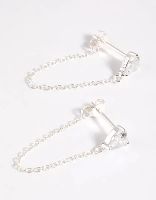 Sterling Silver Cubic Zirconia Heart Chain Stud Earrings