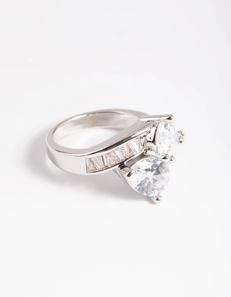 Rhodium Cubic Zirconia Pear Cross Over Ring