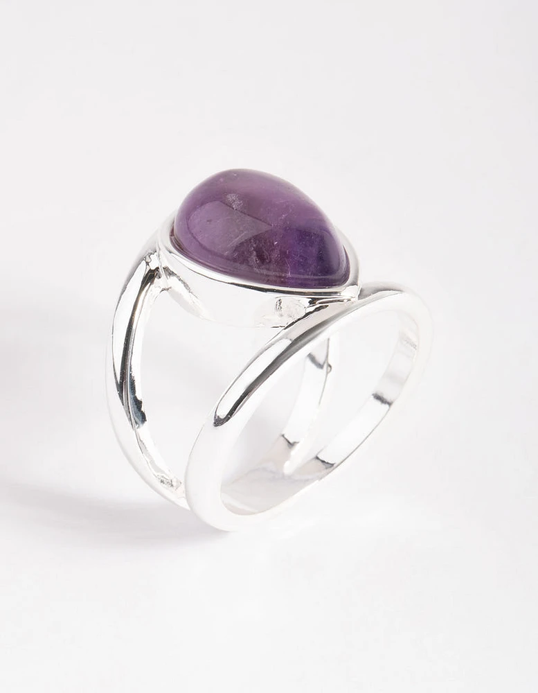 Silver Purple Pear Stone Band Ring