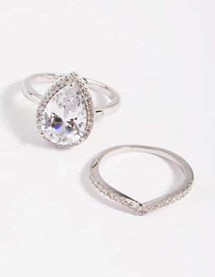 Silver Cubic Zirconia Pear Halo Ring Stack Pack