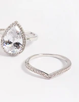 Silver Cubic Zirconia Pear Halo Ring Stack Pack