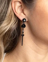 Matte Black Rose & Sword Drop Earrings