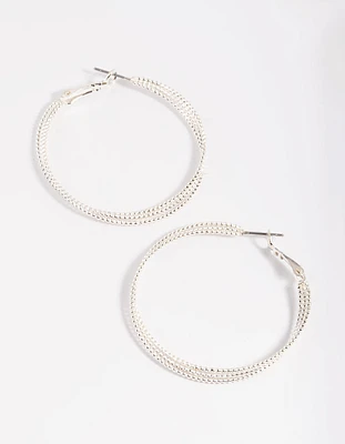 Rhodium Textured Criss Cross Hoop Earrings