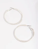 Rhodium Textured Criss Cross Hoop Earrings