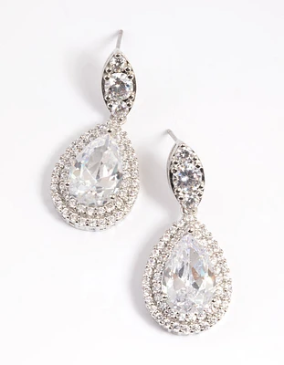 Rhodium Diamond Simulant Oval Halo Drop Earrings