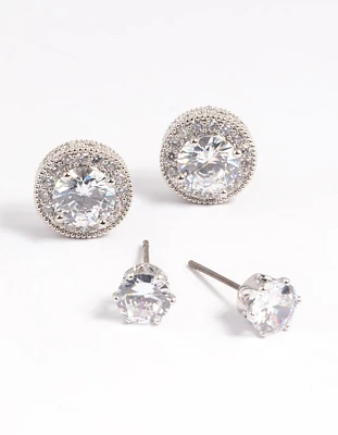 Silver Diamond Simulant Stud Earring Set