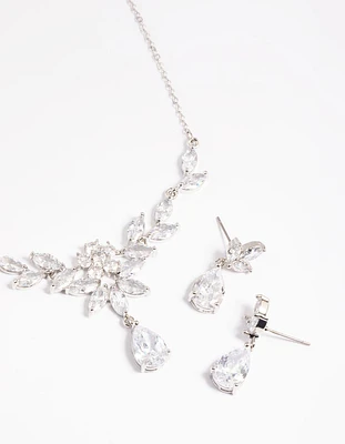 Rhodium Diamond Simulant Teardrop Necklace & Earrings Set