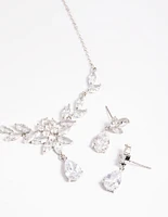 Silver Diamond Simulant Teardrop Necklace & Earrings Set