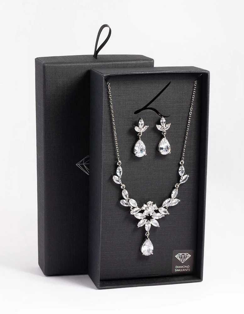 Silver Diamond Simulant Teardrop Necklace & Earrings Set