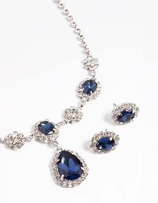 Silver Diamond Simulant Sapphire Flower Necklace & Earrings Set